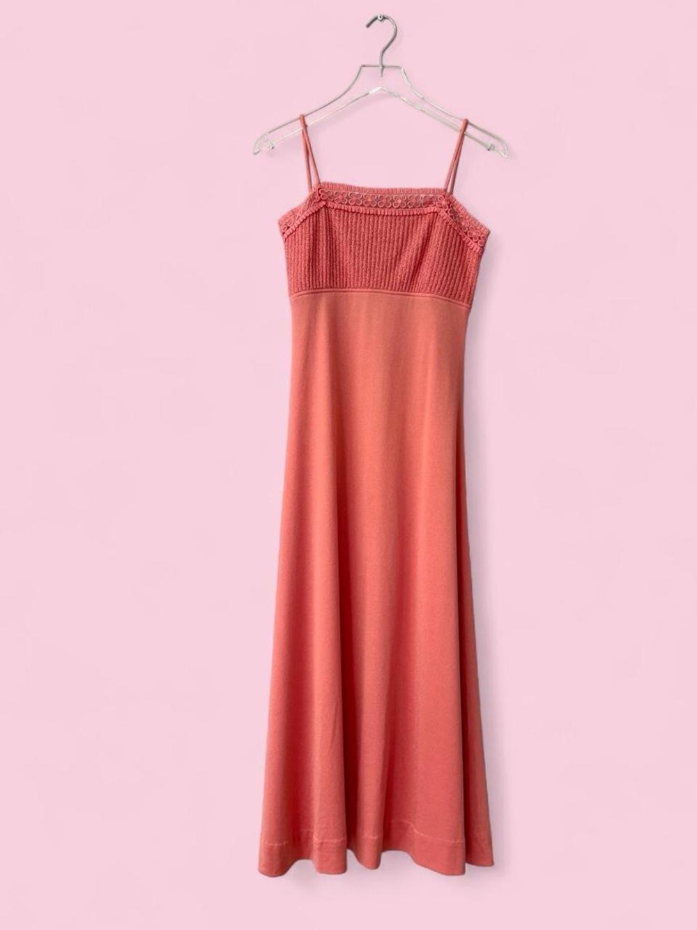 1970s Coral Crochet Trim Shimmery Maxi Dress